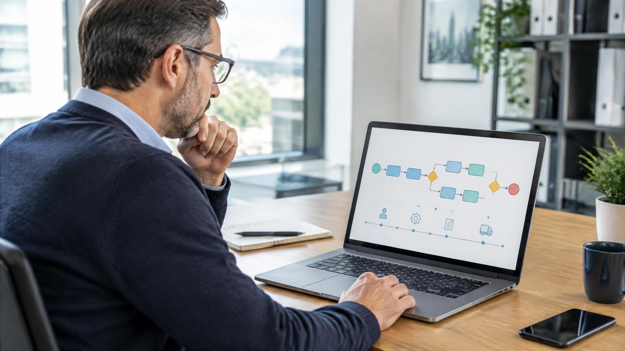 Consultant analyzing a process flow diagram on a laptop