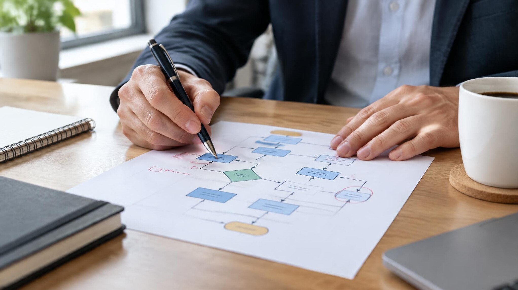 Hands annotating a printed flowchart with a pen