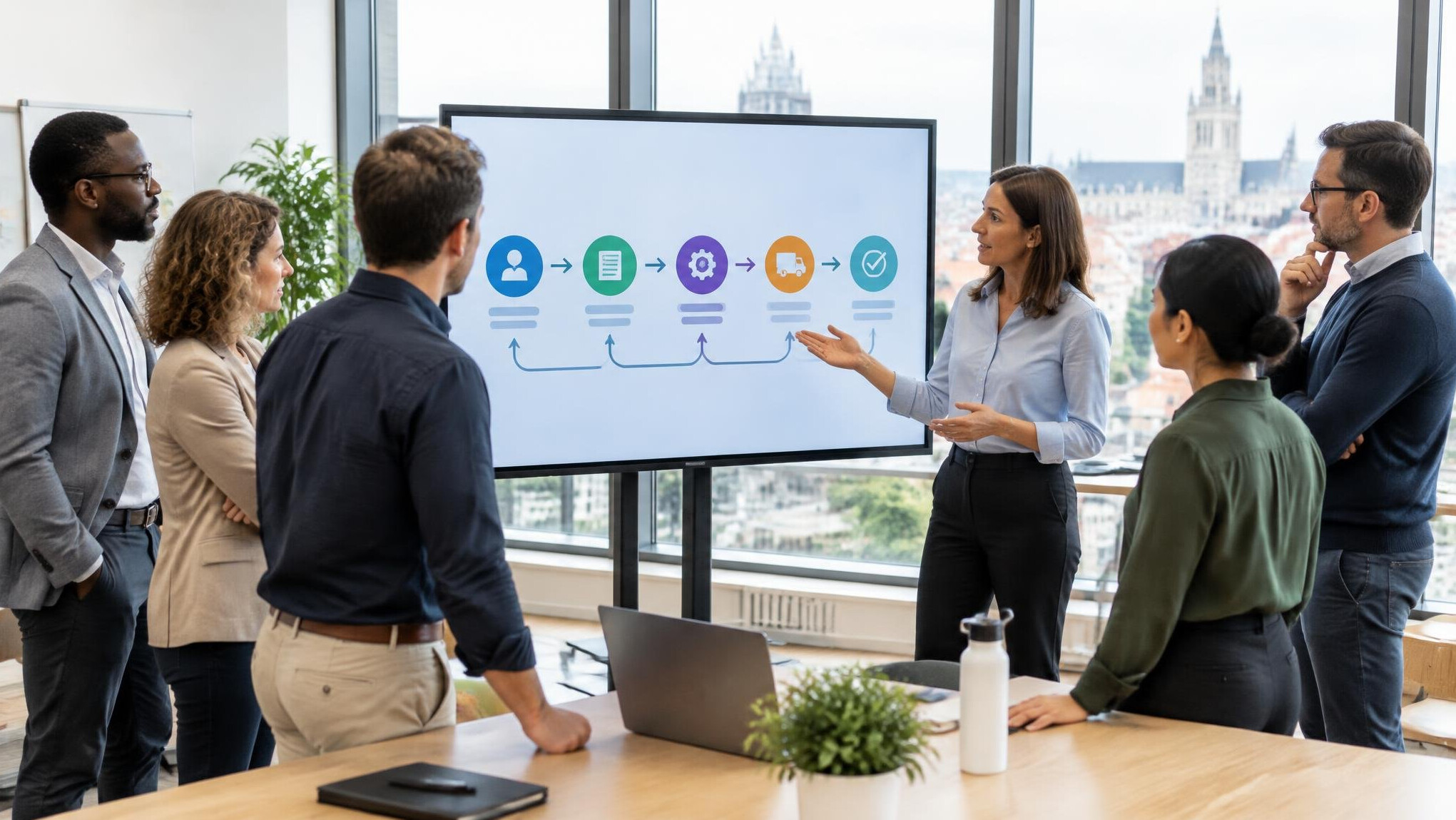 Team reviewing a workflow diagram on a screen in a meeting room
