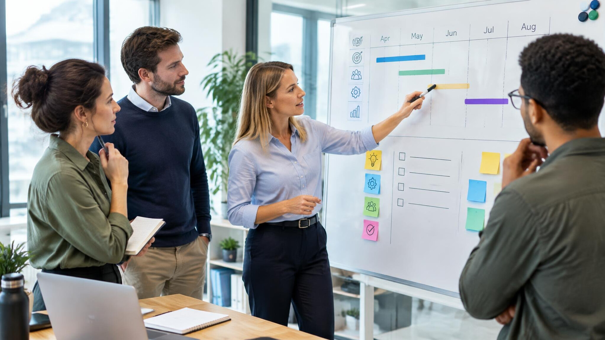 Team planning a roadmap on a whiteboard with a calendar